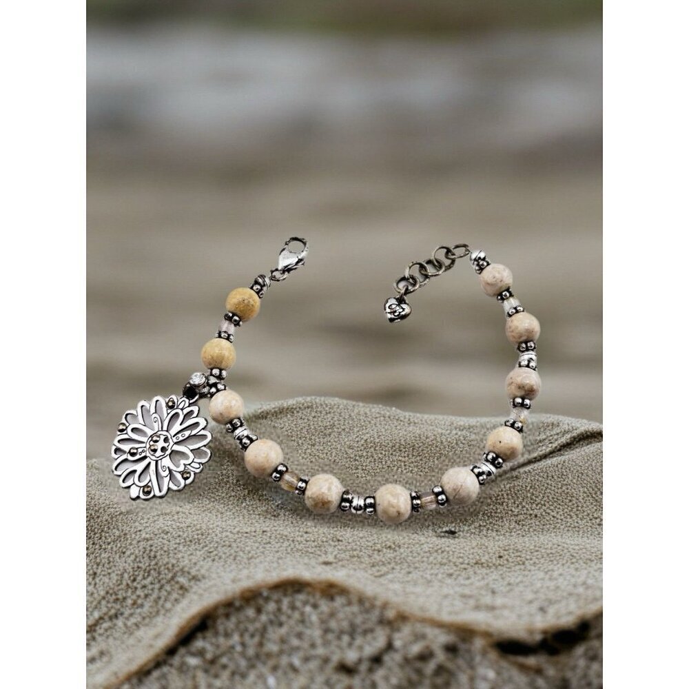 Brighton Silver Beaded Charm Bracelet Beautiful Tan Beads. *